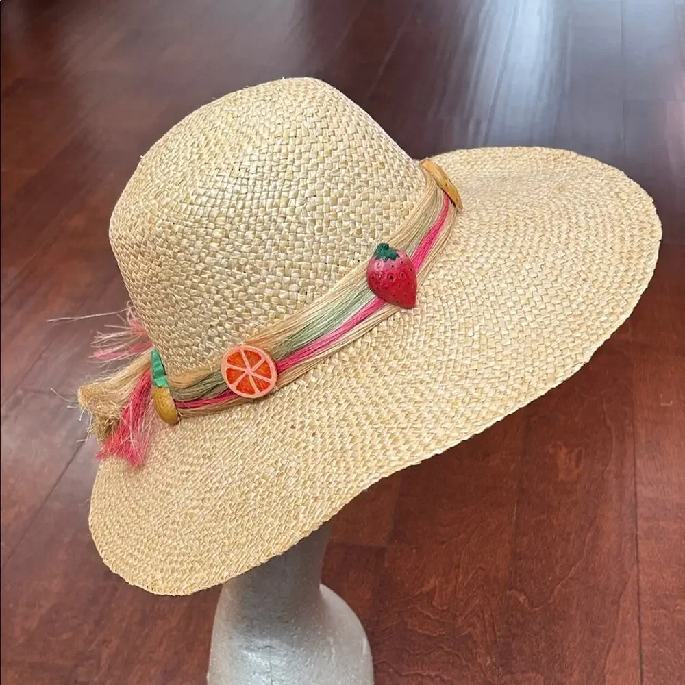Woven Straw Hat with Fruit Details, Wide Brim Perfect for a Hot Day at the Beach